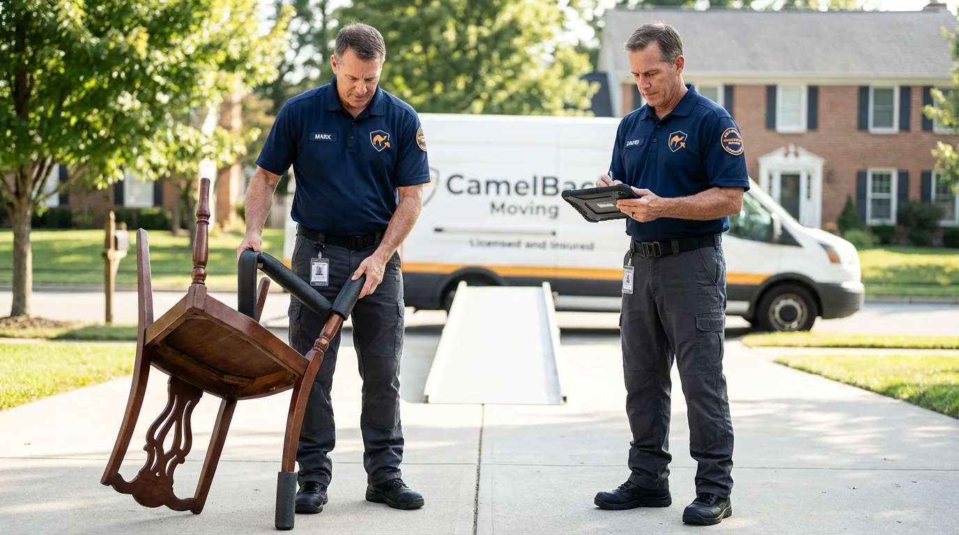 Movers inspecting furniture for damage prevention before loading in Ellensburg, WA