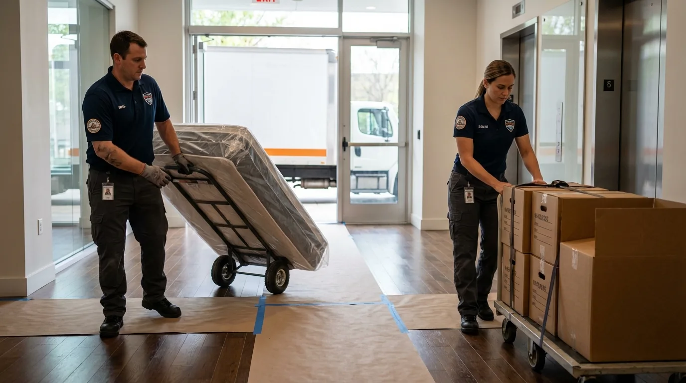 Professional apartment movers loading elevator in Ellensburg, WA