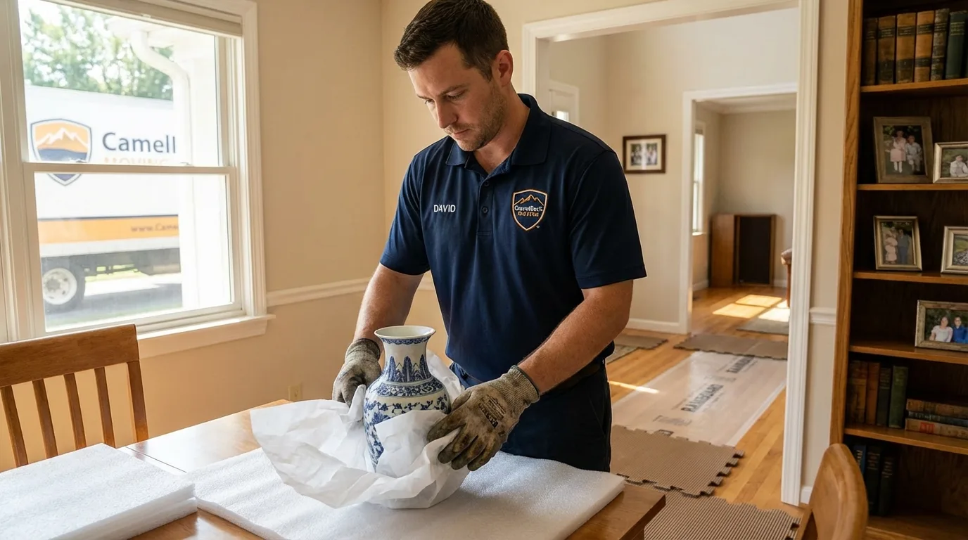 Professional crew carefully wrapping antique vase for senior downsizing move in Ellensburg, WA